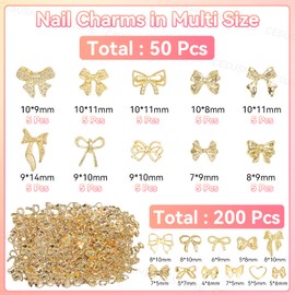 250 Pcs Gold Bow Nail Charms Studs, 10 Styles 3D Golden Nail Bows Charms, Small Cross Moon Nail Art Studs, Gold Alloy Bowknot Charms for Nail Art Supplies DIY Accessories