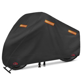 OWEEIO Motorcycle Cover, Heavy Duty 600D Oxford, Waterproof Outdoor, Weather Resistant, Rip-Proof, Anti-UV with 5 Reflective Strips, 2 Lock-Holes, 1 Windproof Strap, 1 Storage Bag (105" x 41" x 50")
