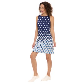 bestmobilephonecases Petite Women's Sleeveless Shell Print Shift Cotton Sateen Summer Casual A-Line Mini Dress, Navy/Soft White