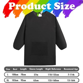 QIGHLIS Painting Apron, Children's Painting Gown, Craft Apron with Sleeves for Girls and Boys, black, L