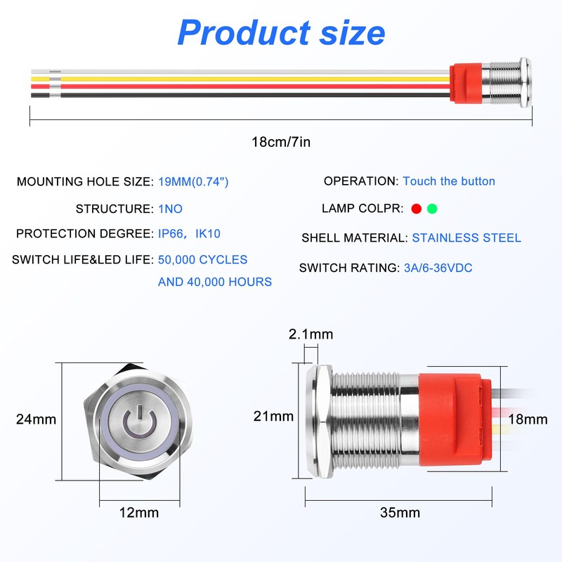 SinLoon 19 mm Touch Switch 0.74 Inch LED - Latching