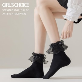 SEMOHOLLI Lace Ruffle Frilly Ankle Socks for Women, Cute Cotton Socks with Lace Bow Ruffle Trim Socks (3 Pairs-White)