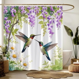 Hummingbird Floral Shower Curtain,Purple Flower Green Leaf Wisteria Weeping Vine Nature Polyester Bathroom Curtain with 12 Hooks,70x70 Inch