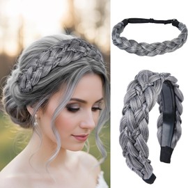 XRACEPHOL 2Pcs Braided Headbands Synthetic Headbands Handmade Fashion Braid Headband Elastic Stretch Headband with Teeth Hair Piece for Women（Gray）