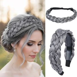 XRACEPHOL 2Pcs Braided Headbands Synthetic Headbands Handmade Fashion Braid Headband Elastic Stretch Headband with Teeth Hair Piece for Women（Gray）