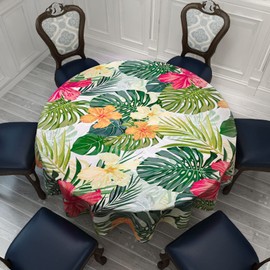 Tropical Round Tablecloth, Hawaiian Palm Tree Hibiscus Flowers Plants Tablecloths, Aloha/Luau Theme Party, Wipeable Waterproof Table Cloth for Family Dinners Patio Outdoor/Outside Events 60x60 Inch