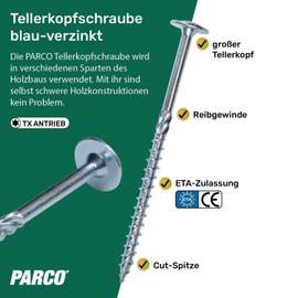 PARCO Flat Head Screws 6 x 140 mm, Pack of 100 TX30 Galvanised, Cut Tip, Wood Construction Screws with ETA Approval