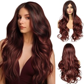 BECUS 24 Inch Black Ombre Burgundy Wigs for Women Long Curly Wig Glueless Wave Curly Synthetic Hair Wigs