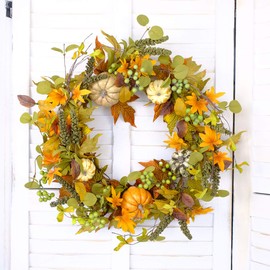 Bibelot 20 inch Autumn Wreath -Pumpkin and Maple Leaf Wreath with Greeen Berry for Front Door Hanging Wall Decoration,Fall Harvest,Thanksgiving, Home Decor
