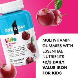 One A Day Kids Multivitamin with Iron Gummy, Vitamin D, Vitamin C, E, Zinc for Immune Support, Gummy Vitamins, Kids Multivitamin Gummies with Iron, Cherry Flavor, 60 Count (Packaging May Vary)