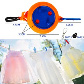 Travel Clothesline, Extendable, 8 m Camping Clothesline, Portable Washing Line with 10 Fixed Buckles and 20 Clothespins, for Garden or Travel (Orange)