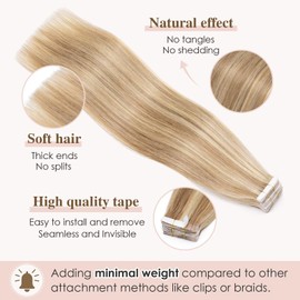 Tess Tape Extensions, Real Hair Tape-in Hair Extensions, Remy Human Hair, 40 Wefts x 4 cm, 100 g – 35 cm (12/613 Light Brown / Light Blonde)