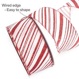 ALTIER 2.5 Inch x 40 Yards White Satin Red Glitter Stripes Wired Ribbon for Christmas Home Decoration Gift Wrapping Bow Making Wreath DIY Crafts