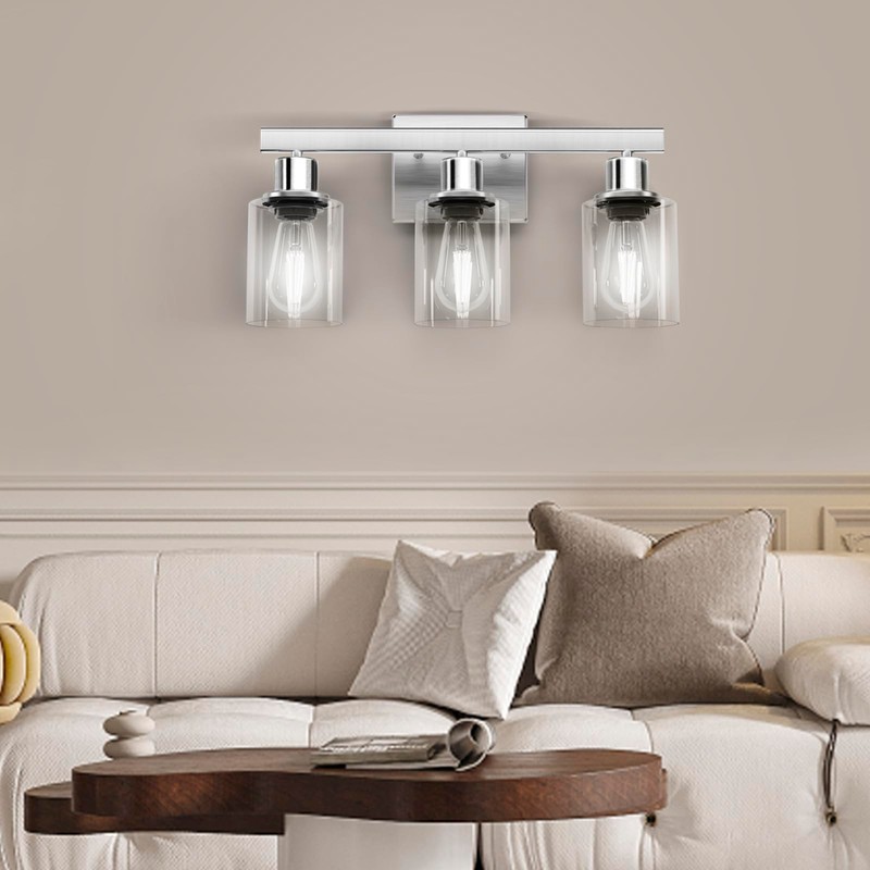 DIKAIDA 3-Light Bathroom Light Fixtures, Nickel Bathroom Vanity Light with