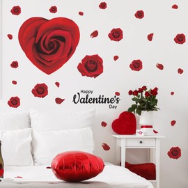 Heart-Shaped Rose Flower Wall Decals, Valentine's Day Love Wall Stickers, Removable Self-Adhesive Valentine Window Stickers, Romantic Wedding Anniversary Wall Art, Peel and Stick Murals for Home Decor
