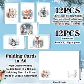 Christmas Cards Set Folding Cards with Envelopes, 12 Cards Christmas with Merry Christmas, Animals Christmas Card Greeting Card for Holidays New Year Christmas Greetings (Animal)