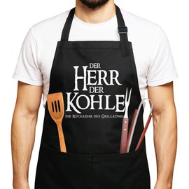 MoonWorks BBQ Apron for Men with German Text "Der Lord der Kohle die Return des Grillkönig", Lord of the Charcoal Black/White