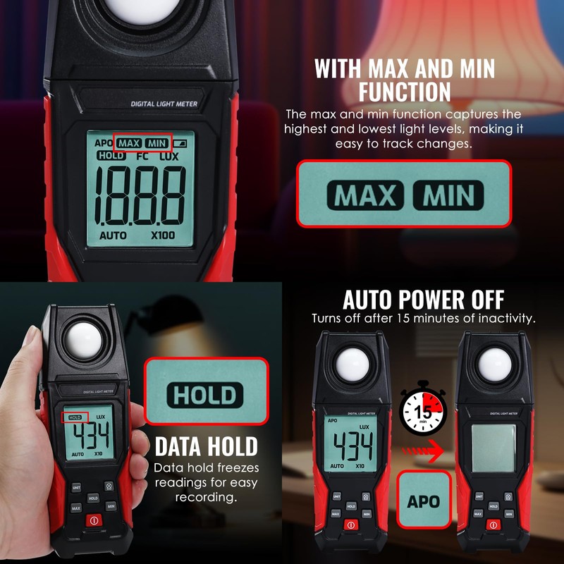 Light Meter Digital Illuminance Lux Meter 0.1 to 200,000 LUX