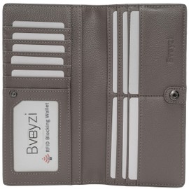 Bveyzi Ultra Slim Thin Leather RFID Blocking Credit Card Holder Bifold Clutch Wallets for Women, Grey, Small
