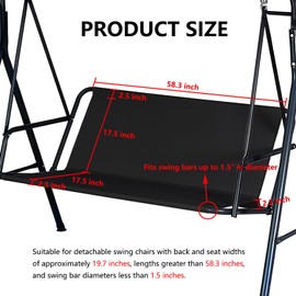 Swing Seat Replacement Covers for Outdoor Patio Swing 3 Seater 600D Upgraded Thicken Oxford Waterproof Fabric Porch Swing Chair Cushion Covers (Black, 58.3" x 19.5" x 19.5")