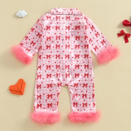woshilaocai Baby Girl Button Down Romper Bow Strawberry Fuzzy Cuff Long Sleeve Jumpsuit Spring Summer Clothes (6-12 Months,Bowknot)
