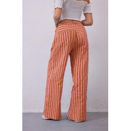 AIHUKOCY Women Drawstring Stripe Wide Leg Casual Trousers Striped Low Rise Casual Loose Lounge Pants with Pockets Red