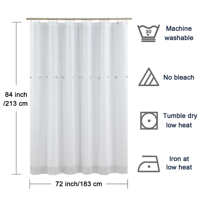 BESTRIPES Extra Long Fabric Shower Curtain, Solid White Tassel Cloth