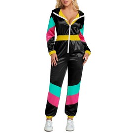 Yisfri Womens 80's 90's Outfits Neon Jumpsuits Vintage Party Track Suit Color Block Romper (Black, M)