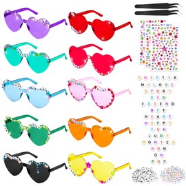SelfTek 10 Pcs Heart Glasses, Rimless Heart Shaped Sunglasses DIY Colorful Friendship Glasses with Letter Beads and Rhinestones Party Favor for Birthday Hen Party