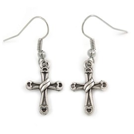 Burnt Silver Cross Drop Earrings - 35mm L