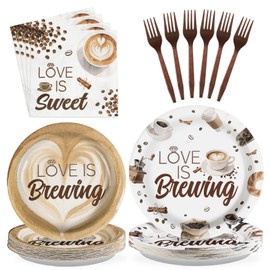 Grencian Love is Brewing Bridal Shower Decorations - 96Pcs Coffee Themed Bridal Shower Love is Brewing Plates and Napkins Disposable Tableware for Girls Wedding Engagement Party Decorations Serve 24