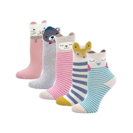 Toddler Girls Socks Novelty Cotton Rich Crew Socks, Baby Girls Cute Animal Pattern Christmas Socks for 2-11 Years Kids, 5 pairs