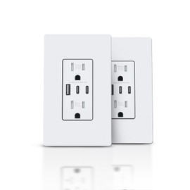 TOPELER USB Outlet Receptacle, 3-Port USB C Wall Outlet, 30W 6.0A USB Charging Power Outlet, 15 Amp Tamper-Resistant Receptacle, ETL& FCC Listed, Screwless Wall Plate Included, White, 2Pack