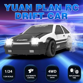 YUAN PLAN RC Drift Car 1/24 2.4GHz Remote Control Cars, 4WD High Speed Drift RC Cars with Cool LED Lights, Extra Drifting Tires Racing Toys Car with Two Batteries for Kids Boys Girls Adults (White)