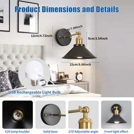 Bailoch Black & Gold Vintage Rechargeable Battery Operated Wall Sconces, Cordless Battery Powered Led Wall Lights Set of 2, Wall Lamp Fixture Indoor with Remote Control for Bedroom Farmhouse Gallery