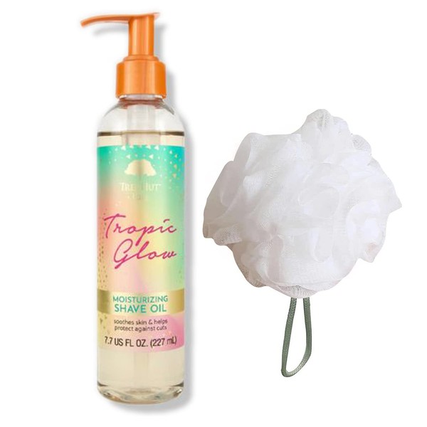 P P Tree Hut Tropic Glow Shave Oil Set! Includes Shave Oil 7.7 oz and Loofah! Formulated With Real Sugar, Certified Shea Butter And Cupuacu Butter! Soothes Skin and Moisturizes!, clear