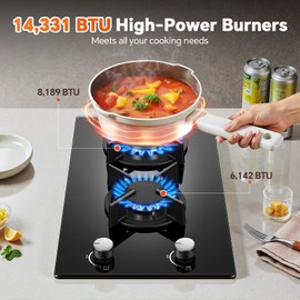 12 Inch Gas Cooktop, 2 Burner Gas Stove, Black Tempered Glass