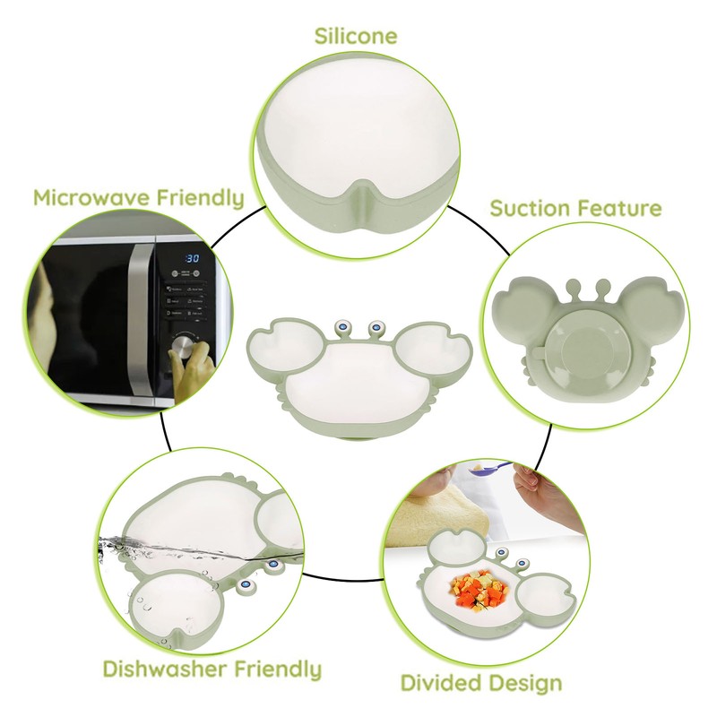 Crab Suction Plate with Suction Cup Base Silicone Divided Plate