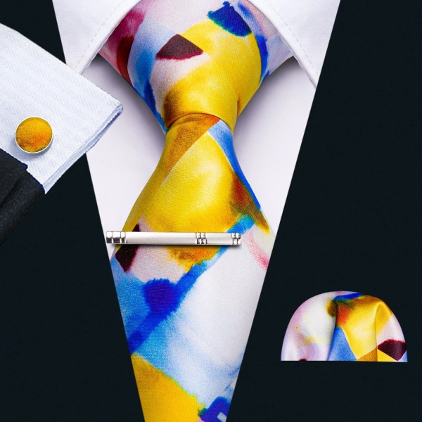 Barry Wang Vintage Desigenr Yellow Necktie Mens Tie & Hankie