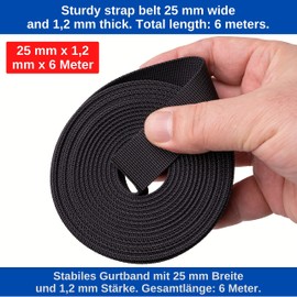 Webbing Set with Buckles, 6 Metre Length, 25 mm Width, 1.2 mm Thickness, Jet Black Strap Band, PET Material, Tear-Resistant + Heavy Duty Strap, 6 x 25 mm D-Ring, Plug, Ladder and Bridge Buckles