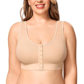 BRABIC Full Coverage Wireless Bras for Women No Underwire Compression Front Closure Comfort Post Surgery Bra (Beige,X-Large)