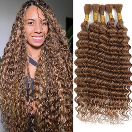 Human Braiding Hair - 20 Inch, 5 Bundles, Deep Wave, Bulk, No Weft, 100% Unprocessed, 12A, for Boho Braids, 150g, 30#
