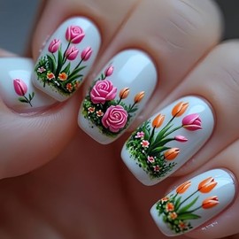 Uñas postizas cortas acrílicas con estampado de tulipanes y rosas, de cobertura total, para mujer, brillantes, reutilizables, con diseño floral. Kit d