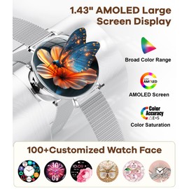 LIGE Smart Watch for Women Answer/Make Calls,1.43" AMOLED Ultra-Thin Round Fitness Tracker with 100+ Sports Modes, IP68 Waterproof 2 Straps Ladies Smartwatch for Android iOS, Silver