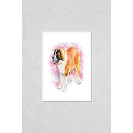 Poster Reproduction of Watercolor closeup portrait of large Swiss Saint St Bernard breed dog isolated on abstract background. Large longhair Swiss Alps working dog. Hand drawn sweet home pet