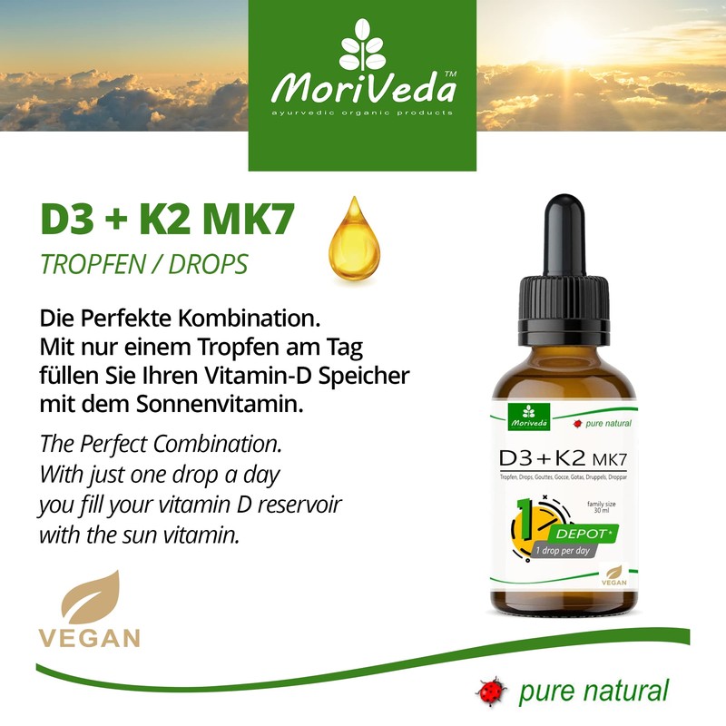 MoriVeda Vitamin D3 + K2 Drops 50 ml, High Dosage,