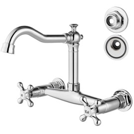 Airuida Chrome Polish Commercial Wall Mounted Kitchen Faucet Wall Mounted Faucet 8 Inch Center 2 Hole Double Cross Handles 360 Rotatable Spout Mixer Tap for Kitchen Restaurant Utility Laundry