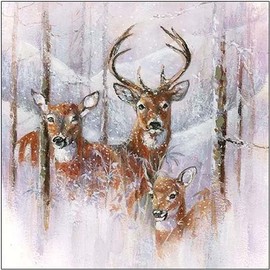 Set of 2 Individual Decoupage Paper Party Napkins Mixed Media WINTER DEER Decor Luncheon Beverage Christmas Series Napkin for a Birthday, Holiday, Wedding, Cocktail Party