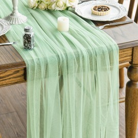 Artoid Mode Light Green Gauze Table Runner 120 Inch 10FT, Seasonal Sheer Chiffon Cheesecloth Kitchen Dining Holiday Birthday Table Decor for Home Party