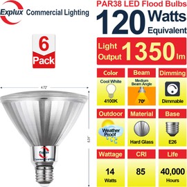 Explux 120W Equivalent Classic Full Glass 4100K PAR38 LED Flood Light Bulbs, Outdoor Waterproof and Anti-Ageing, 1350 Lumens, Dimmable, Cool White, 6-Pack
